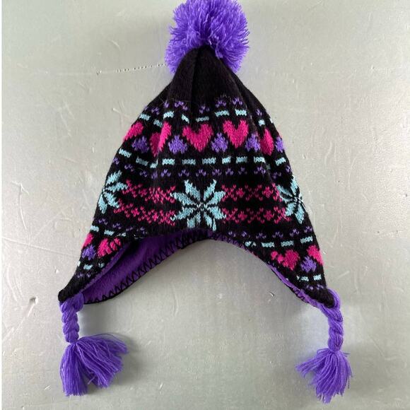 Girls Youth Trapper Hat Black Pink Hearts Snowflake Purple Braided Strap Pom Pom - Picture 5 of 6